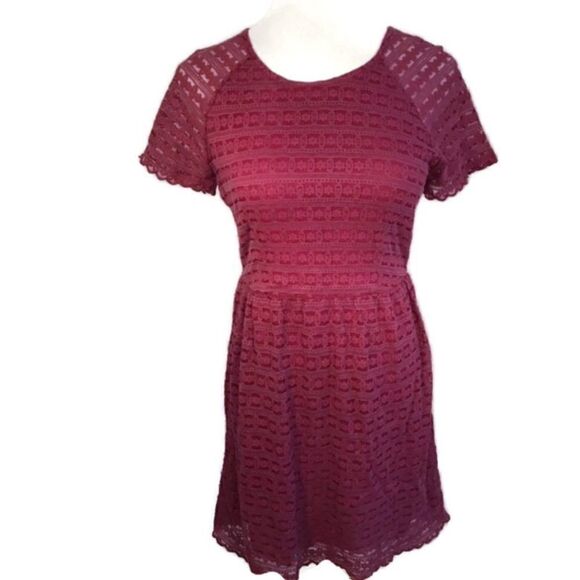 Free People Burgundy Lace Short Sleeve Dress Sz 6 - Picture 1 of 5